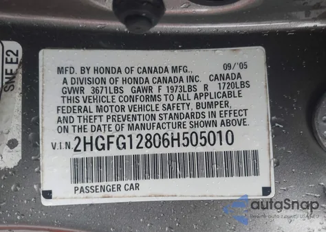 2006 Honda Civic Ex z USA, uszkodzony, nr VIN 2HGFG12806H505010